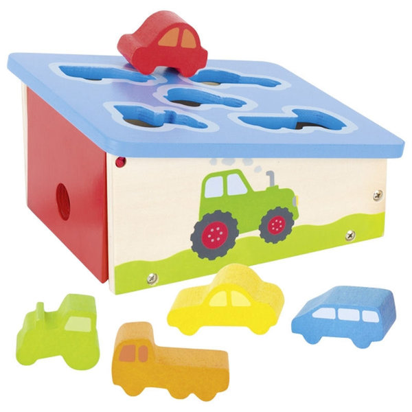 goki Steckspiel aus Holz 58668 - Holzspielzeug Sort Box mit 5 Fahrzeugen aus Holz