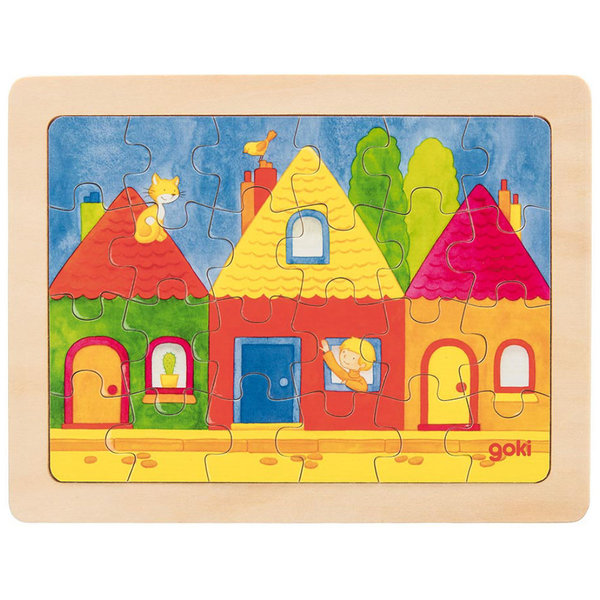 goki Einlegepuzzle 1000 Farben 57700 - Holzspielzeug Puzzle Häuser 24 Teile