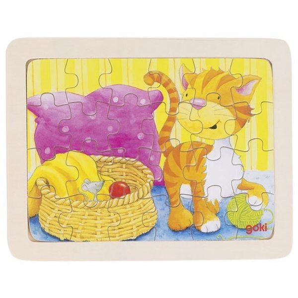 goki Einlegepuzzle Tierkinder 57807 - Holzspielzeug Puzzle Katze 24 Teile