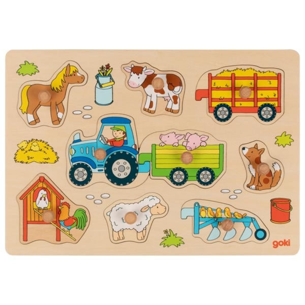 goki Steckpuzzle "Traktor mit Anhängern" 57468 - Holzspielzeug Steckpuzzle 9 Teile